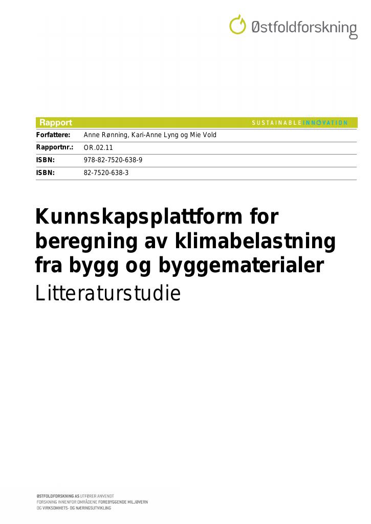 Forsiden av dokumentet Kunnskapsplattform for beregning av klimabelastning fra bygg og byggematerialer