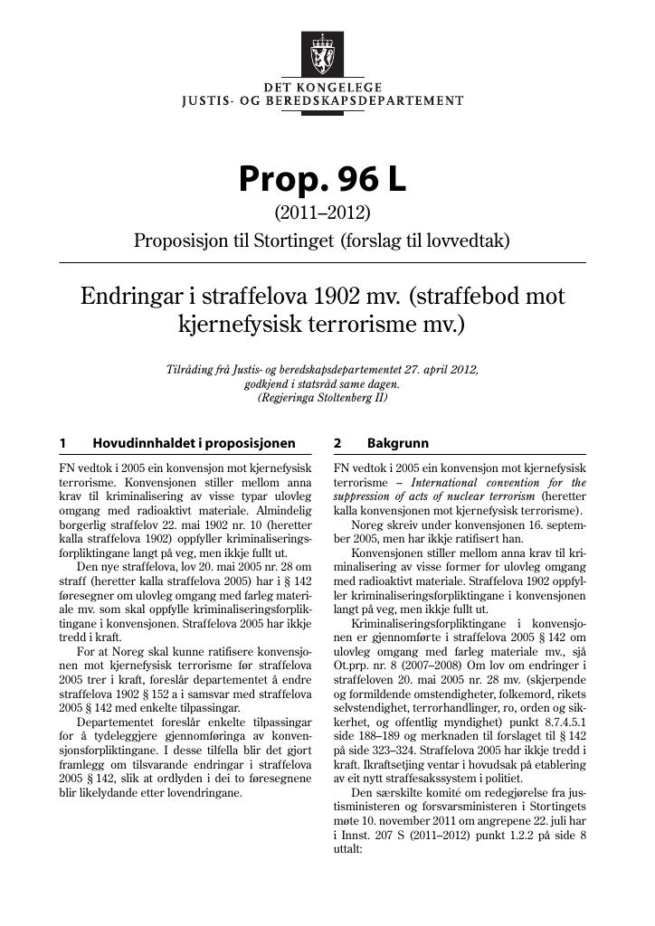 Forsiden av dokumentet Prop. 96 L (2011–2012)