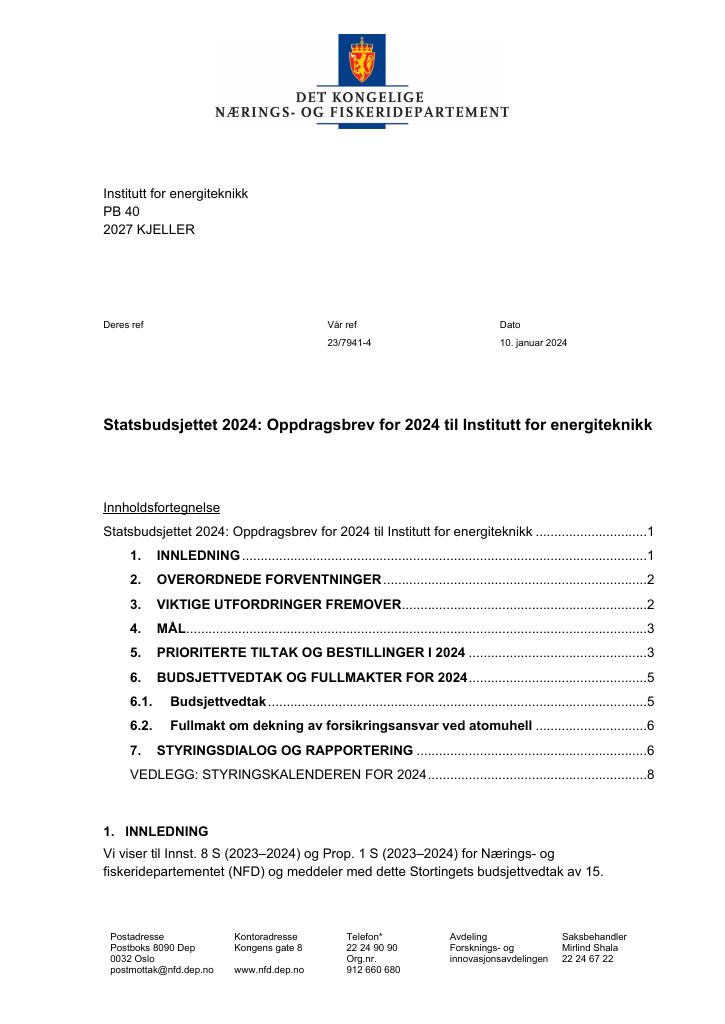 Forsiden av dokumentet Tildelingsbrev Institutt for energiteknikk 2024