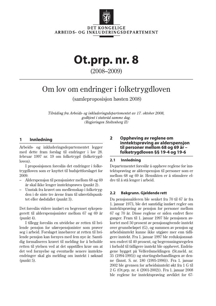 Forsiden av dokumentet Ot.prp. nr. 8 (2008-2009)