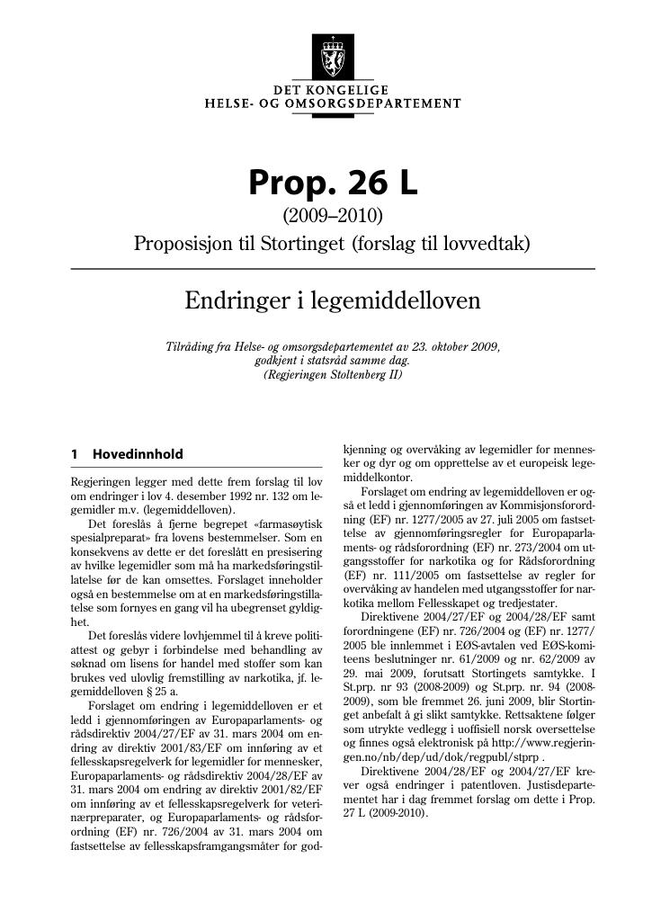 Forsiden av dokumentet Prop. 26 L (2009-2010)