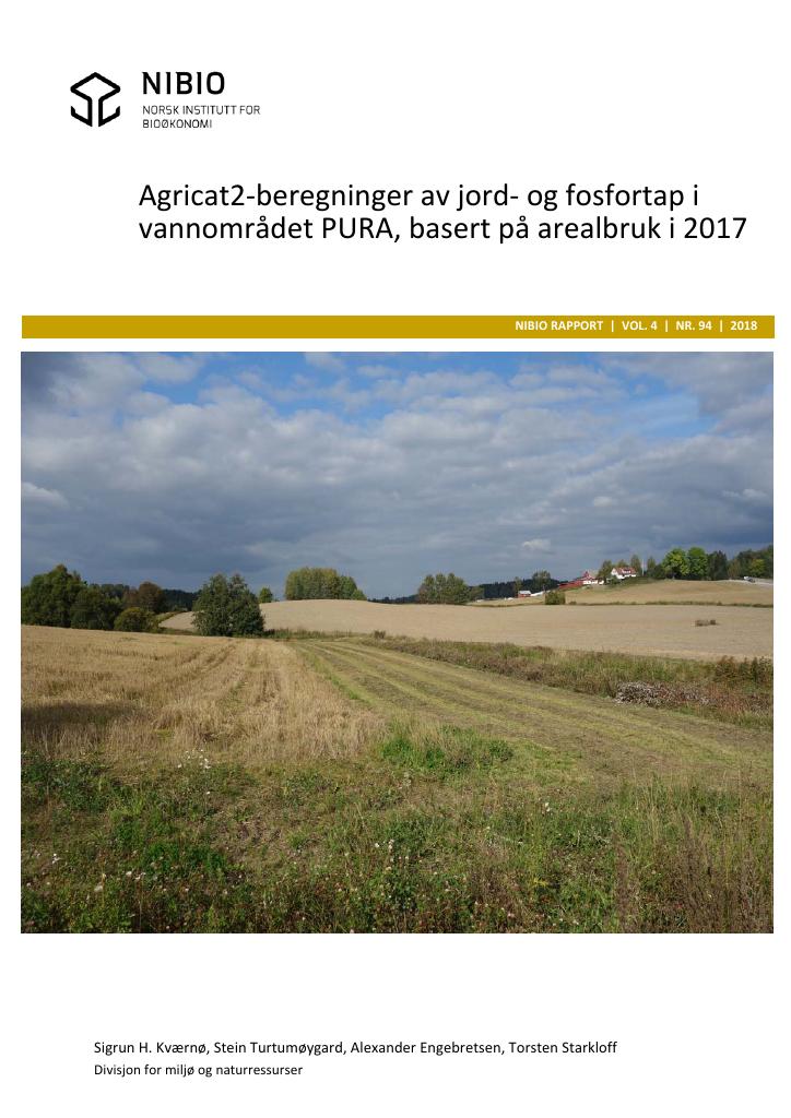 Forsiden av dokumentet Agricat2-beregninger av jord- og fosfortap i vannområdet PURA, basert på arealbruk i 2017