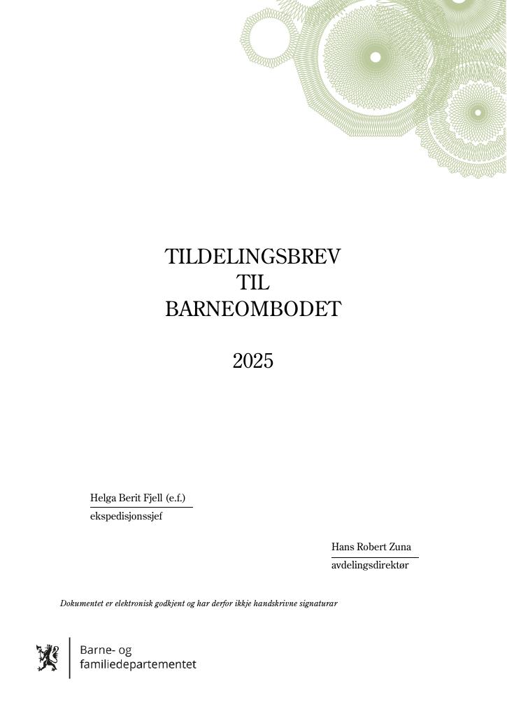 Forsiden av dokumentet Tildelingsbrev Barneombudet 2025