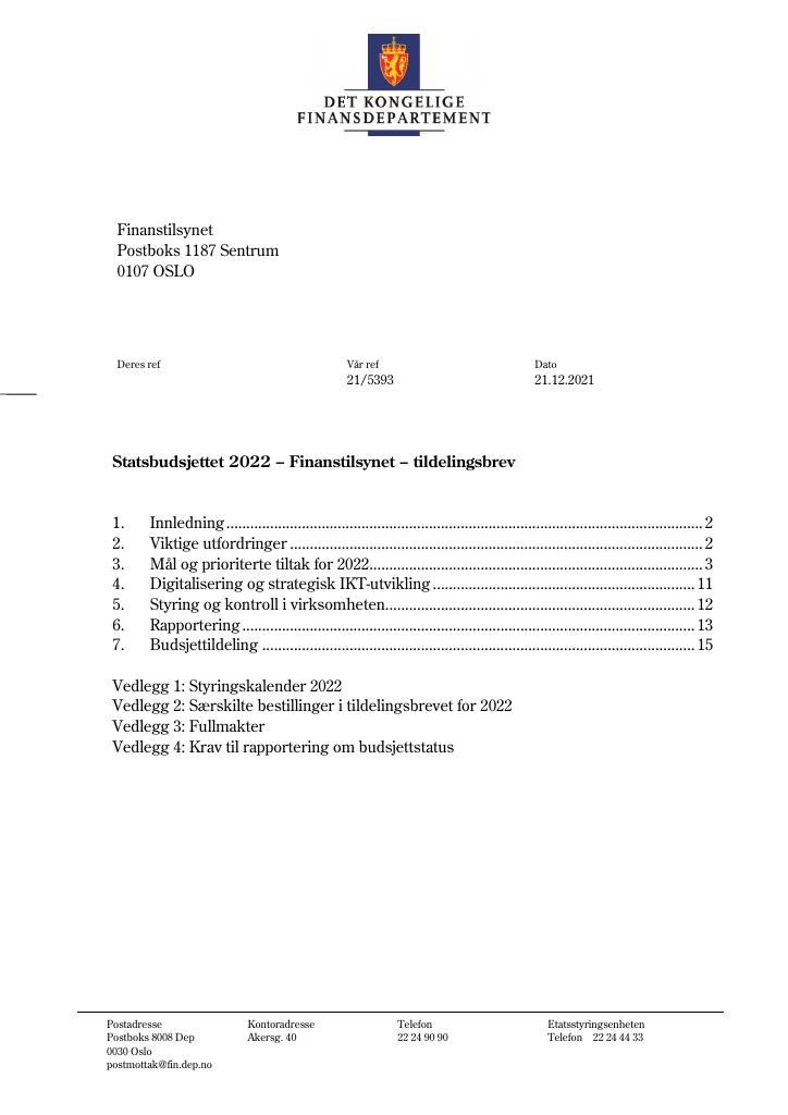 Forsiden av dokumentet Tildelingsbrev Finanstilsynet 2022