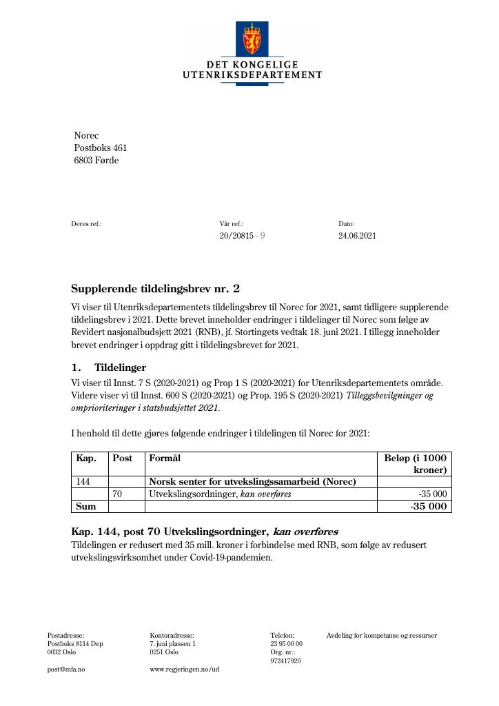 Forsiden av dokumentet Tildelingsbrev Norec 2021 - tillegg nr. 2