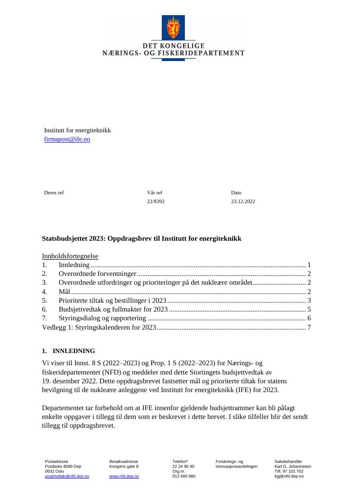 Forsiden av dokumentet Oppdragsbrev Institutt for energiteknikk 2023