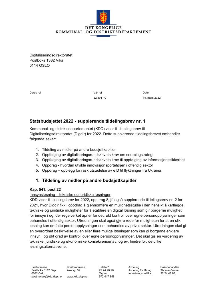 Forsiden av dokumentet Tildelingsbrev Digdir 2022 - tillegg nr. 1