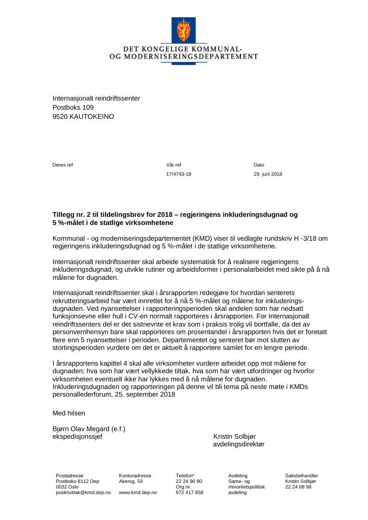 Forsiden av dokumentet Supplerende tildelingsbrev nr. 2 Internasjonalt reindriftssenter 2018