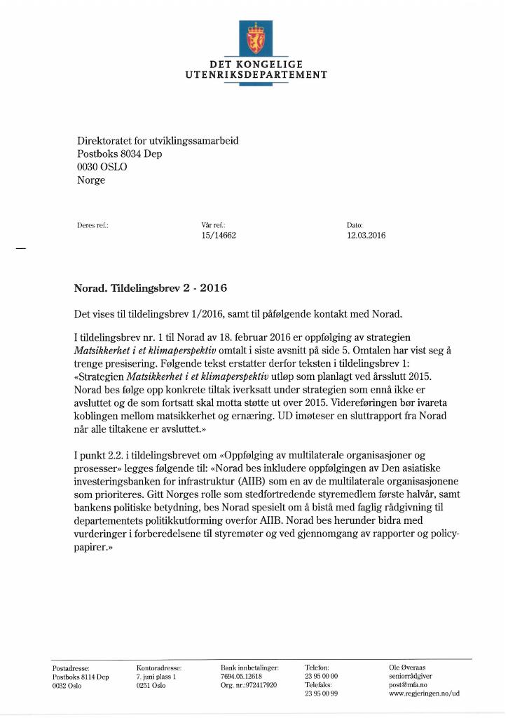 Forsiden av dokumentet Tildelingsbrev Norad 2016 - tillegg nr. 2