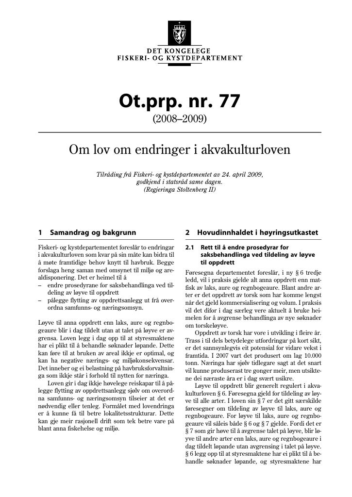 Forsiden av dokumentet Ot.prp. nr. 77 (2008-2009)