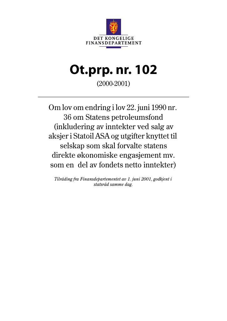 Forsiden av dokumentet Ot.prp. nr. 102 (2000-2001)