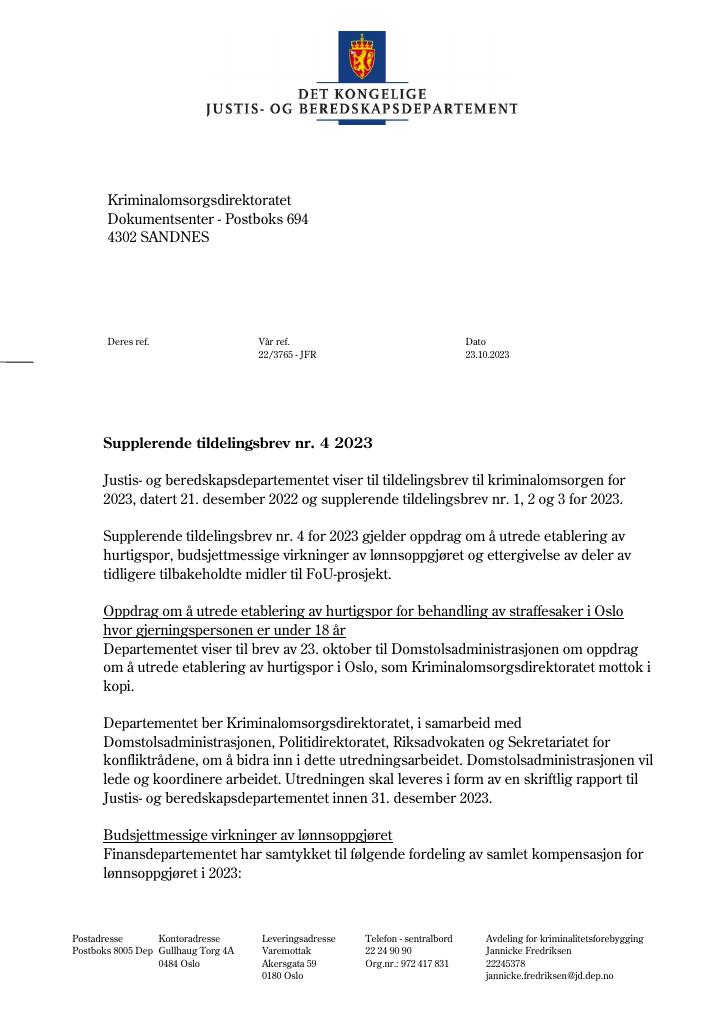 Forsiden av dokumentet Tildelingsbrev Kriminalomsorgen 2023 - tillegg nr. 4