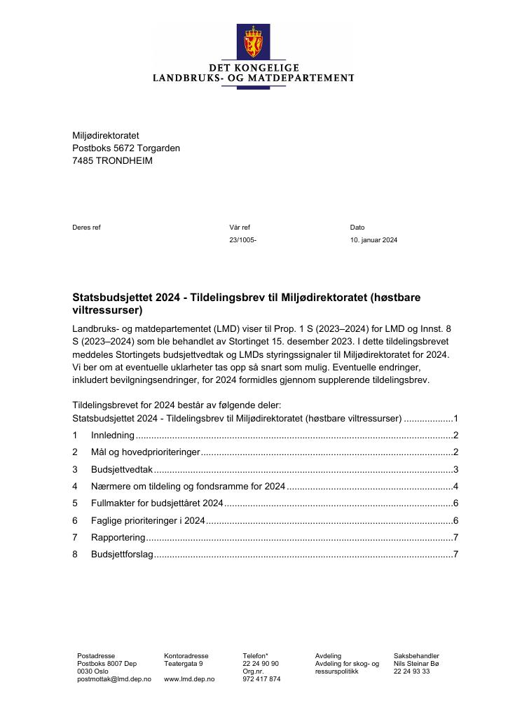 Forsiden av dokumentet TiIdelingsbrev - Høstbare viltressurser