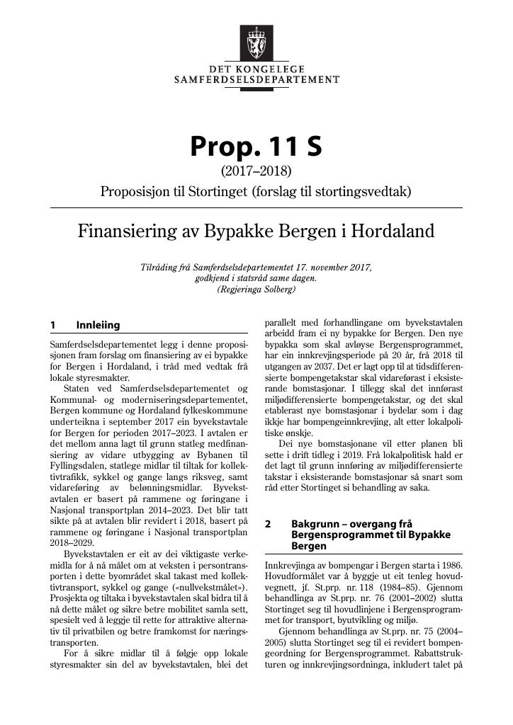 Forsiden av dokumentet Prop. 11 S (2017–2018)