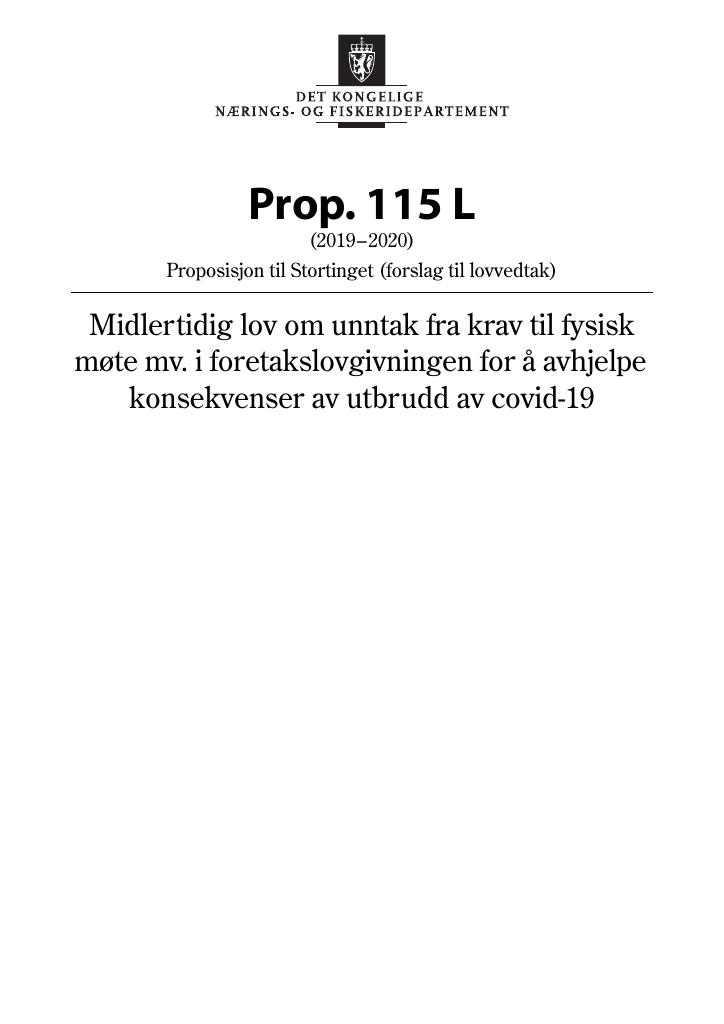 Forsiden av dokumentet Prop. 115 L (2019–2020)