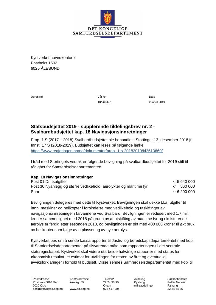 Forsiden av dokumentet Supplerende tildelingsbrev Kystverket hovedkontoret 2019