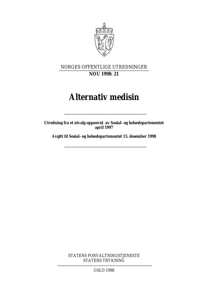 Forsiden av dokumentet NOU 1998: 21 - Alternativ medisin