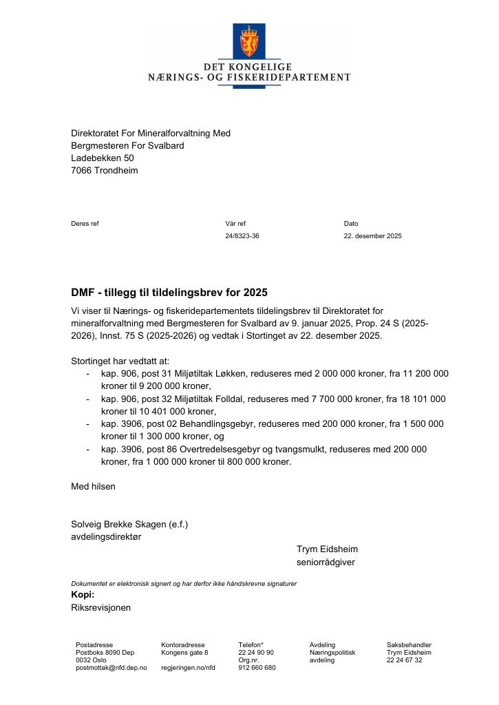Forsiden av dokumentet Tildelingsbrev Direktoratet for mineralforvaltning 2025 - tillegg