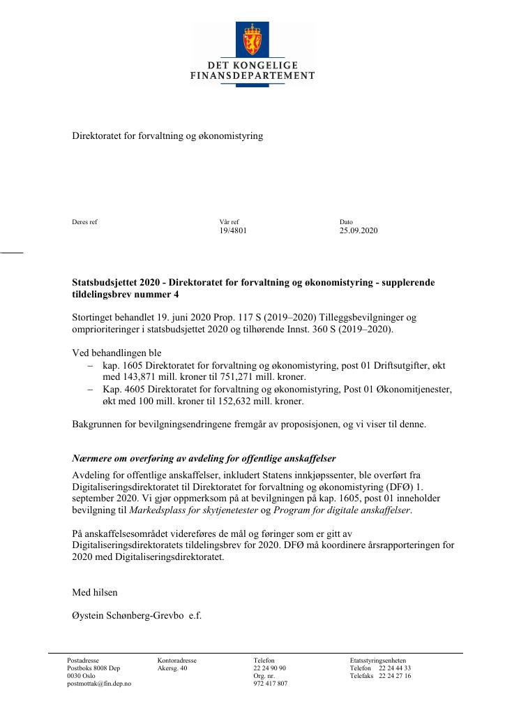 Forsiden av dokumentet Supplerende tildelingsbrev DFØ 2020 - nr. 4