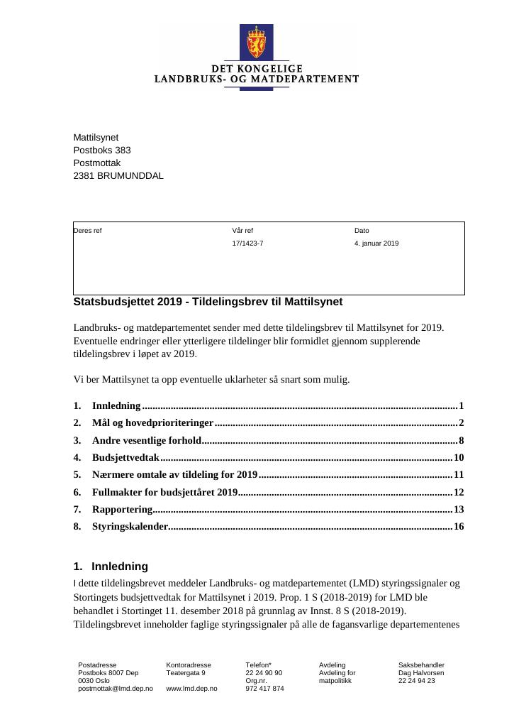 Forsiden av dokumentet Tildelingsbrev Mattilsynet 2019