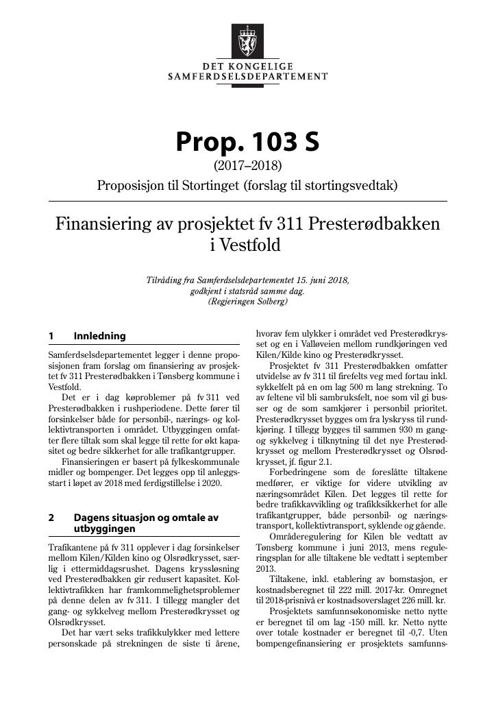 Forsiden av dokumentet Prop. 103 S (2017–2018)