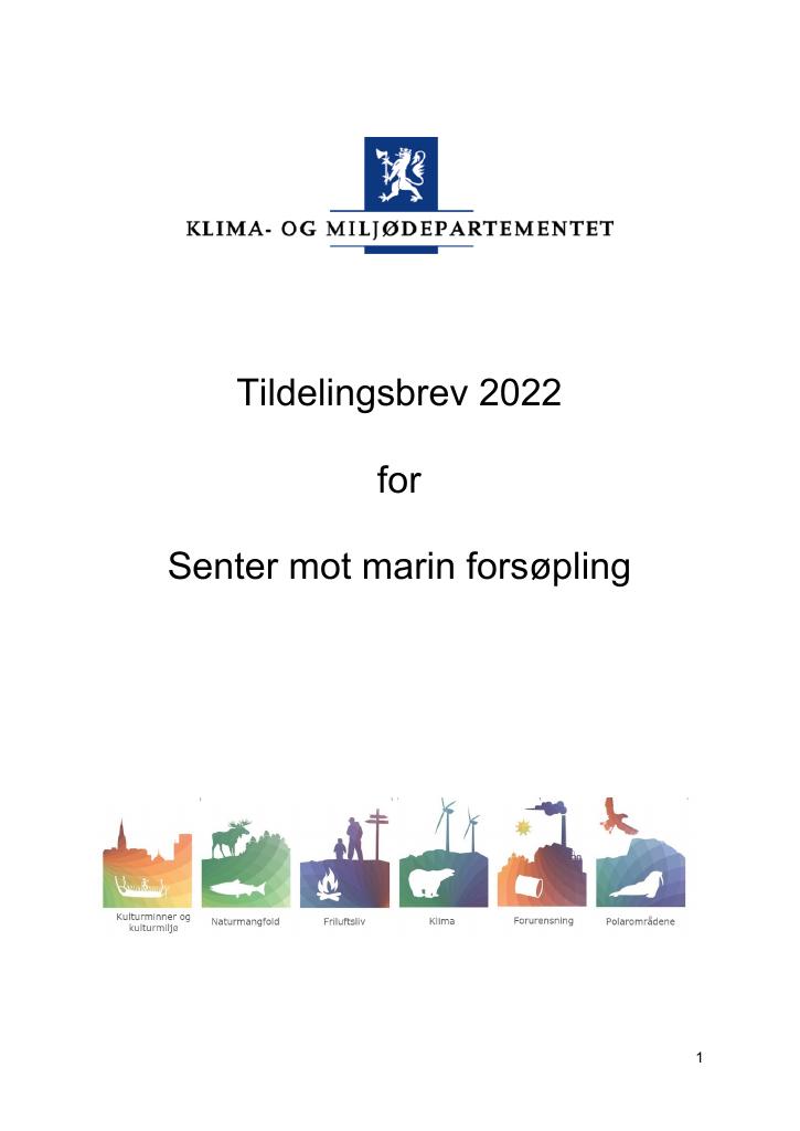 Forsiden av dokumentet Tildelingsbrev Senter mot marin forsøpling 2022