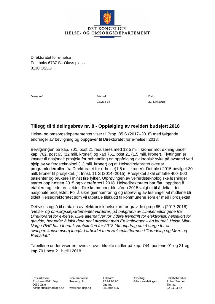 Forsiden av dokumentet Tildelingsbrev Direktoratet for e-helse 2022 - tillegg nr. 8