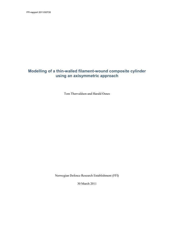 Forsiden av dokumentet Modelling of a thin-walled filament-wound composite cylinder using an axisymmetric approach