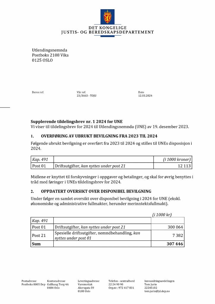 Forsiden av dokumentet Tildelingsbrev Utlendingsnemnda 2024 - tillegg nr. 1