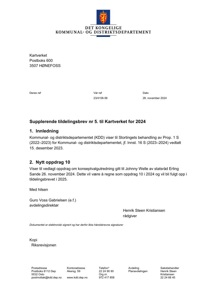 Forsiden av dokumentet Tildelingsbrev Kartverket 2024 - tillegg