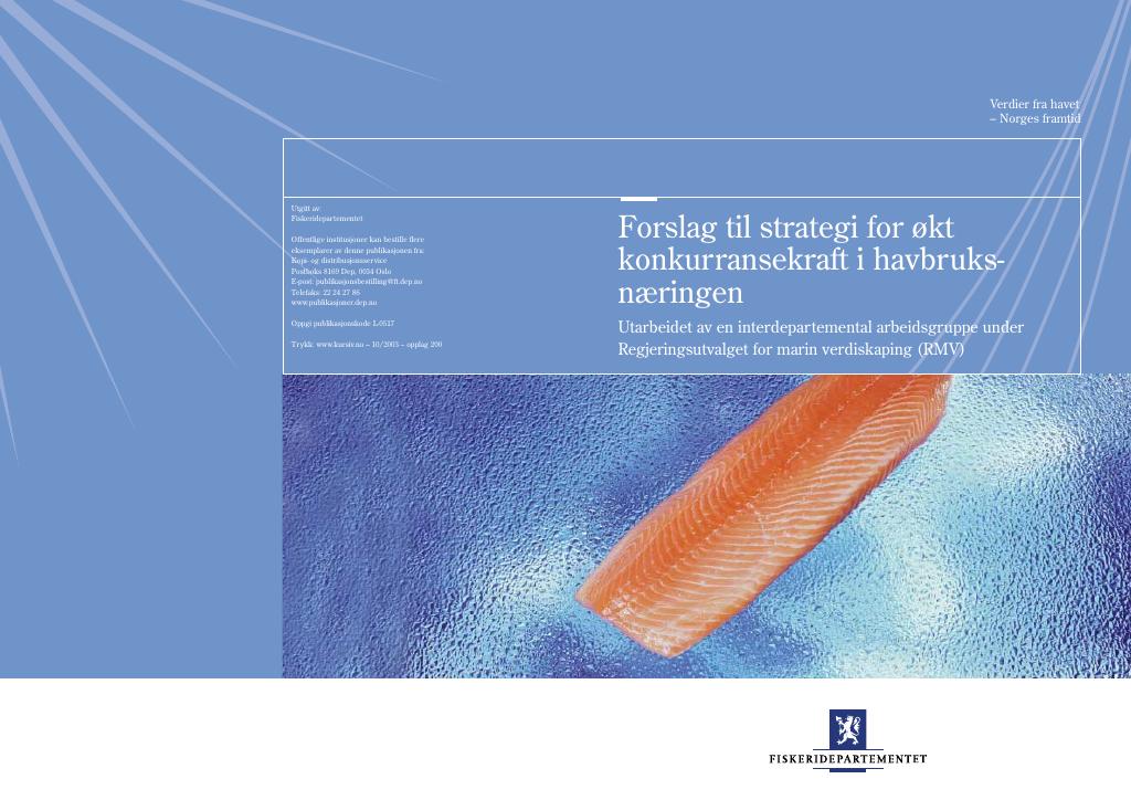 Forsiden av dokumentet Forslag til strategi for økt konkurransekraft i havbruksnæringen