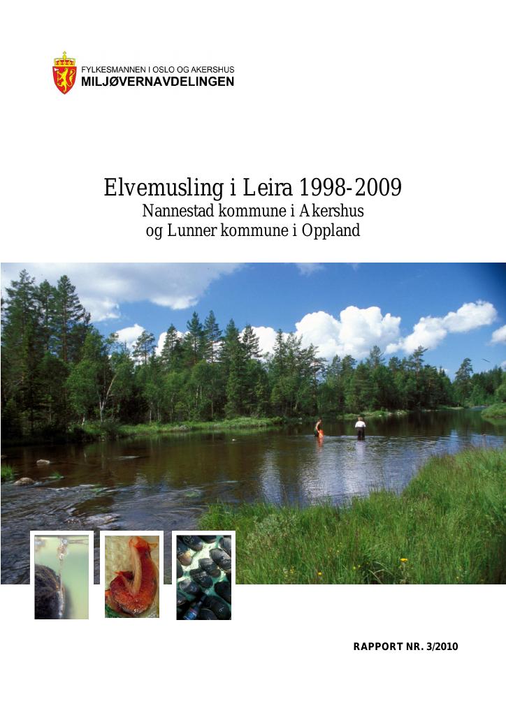 Forsiden av dokumentet Elvemusling i Leira 1998-2009 Nannestad kommune i Akershus og Lunner kommune i Oppland