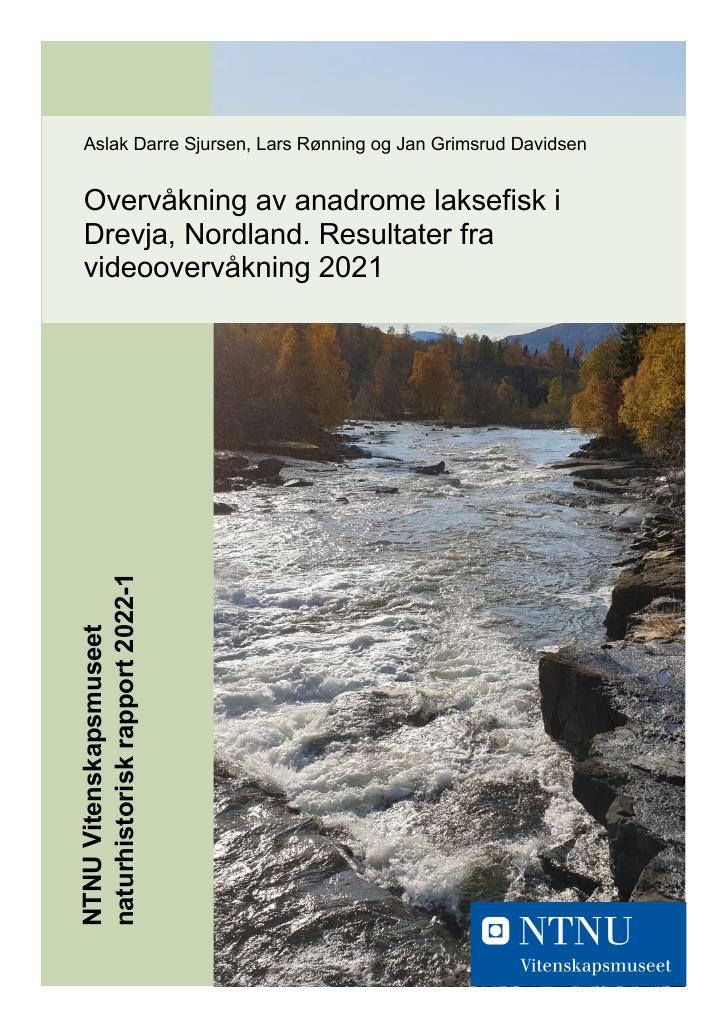 Forsiden av dokumentet Overvåkning av anadrome laksefisk i Drevja, Nordland. Resultater fra videoovervåkning 2021