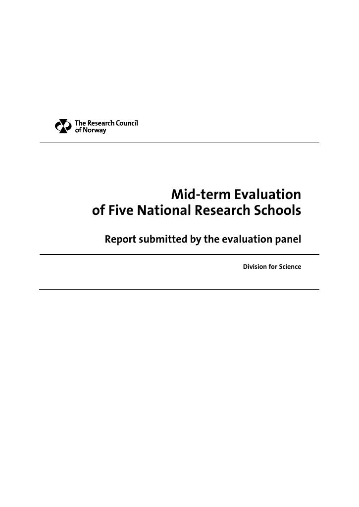Forsiden av dokumentet Mid-term Evaluation of Five National Research Schools