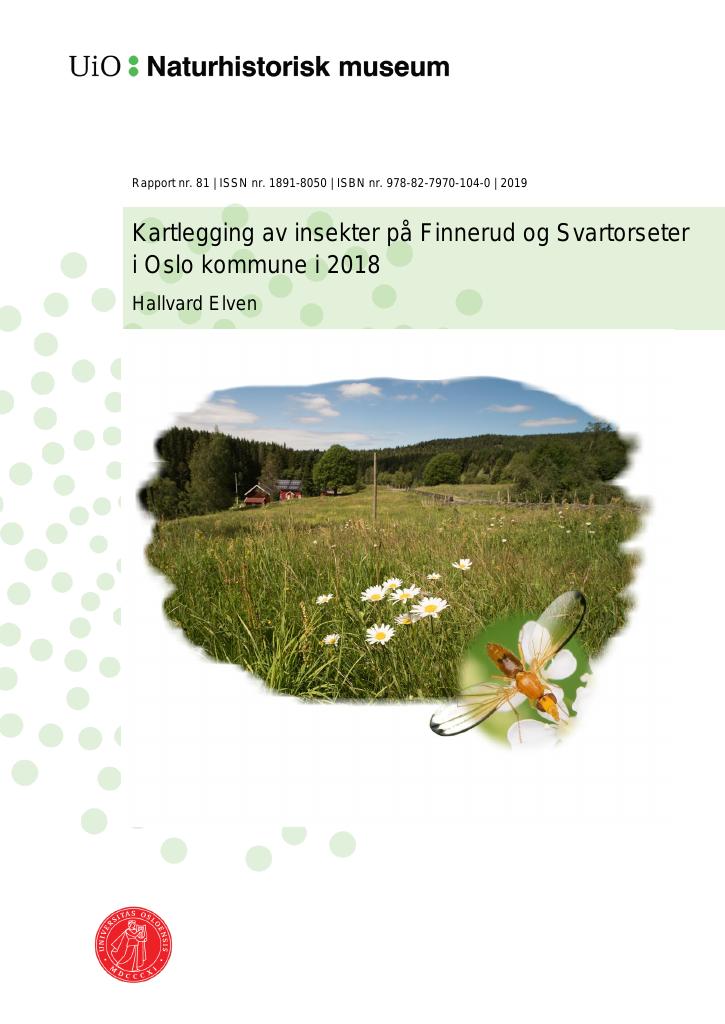 Forsiden av dokumentet Kartlegging av insekter på Finnerud og Svartorseter i Oslo kommune i 2018