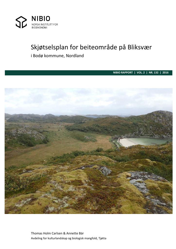 Forsiden av dokumentet Skjøtselsplan for beiteområde for beiteområde på Bliksvær i Bodø kommune, Nordland