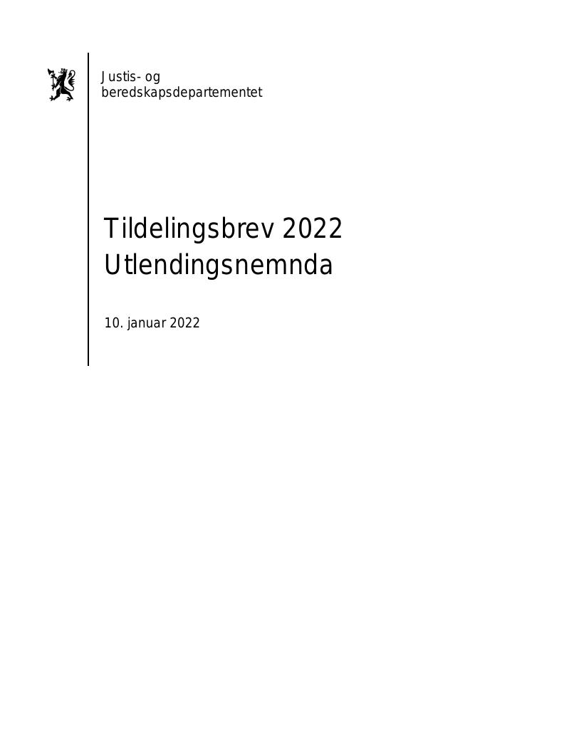 Forsiden av dokumentet Tildelingsbrev Utlendingsnemnda 2022