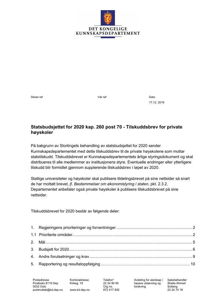 Forsiden av dokumentet Tilskuddsbrev til private høyskoler 2020