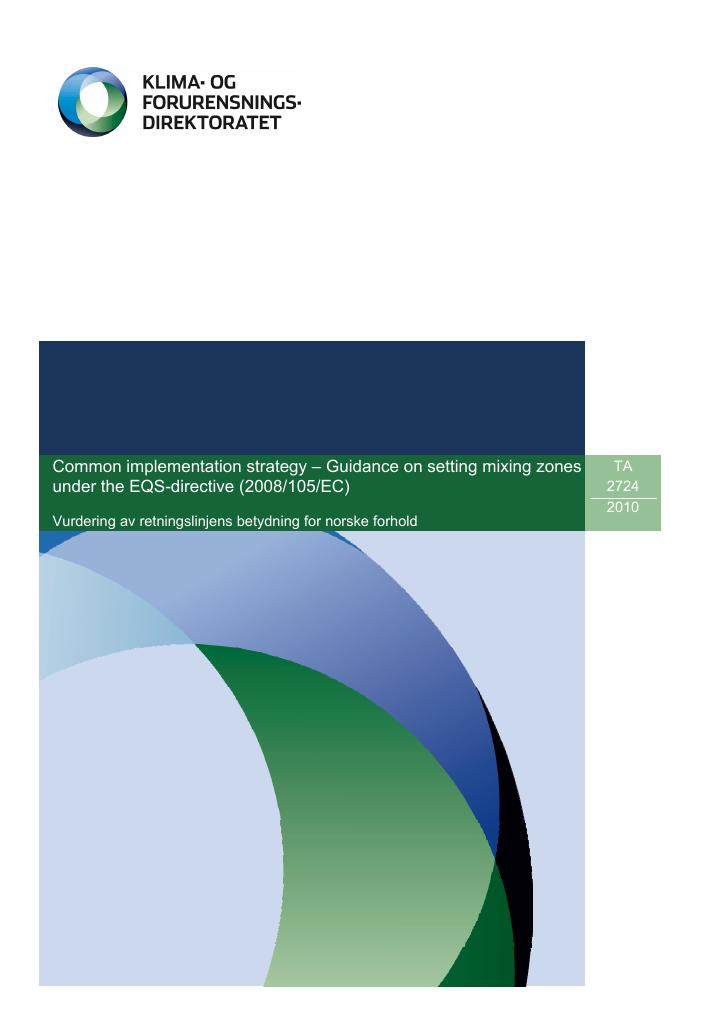 Forsiden av dokumentet Common implementation strategy - Guidance on setting mixing zones under the EQS-directive (2008/105/EC)