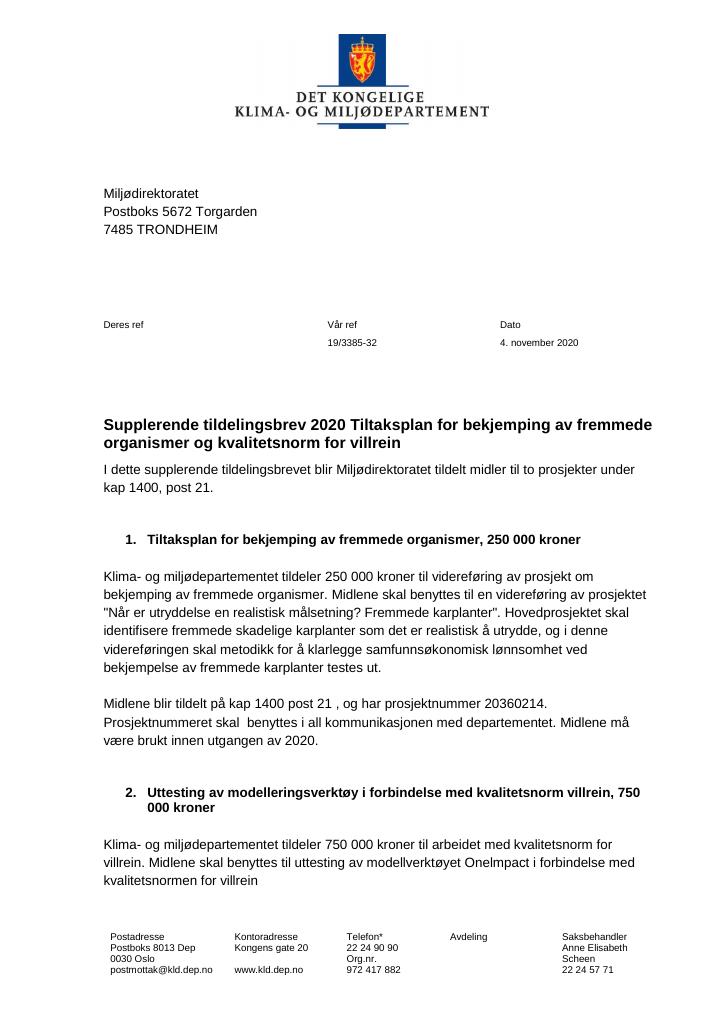 Forsiden av dokumentet Supplerende tildelingsbrev 04.11.2020