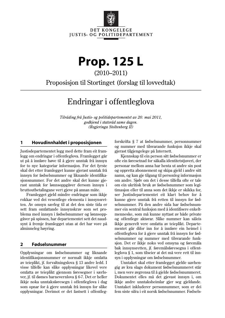 Forsiden av dokumentet Prop. 125 L (2010–2011)