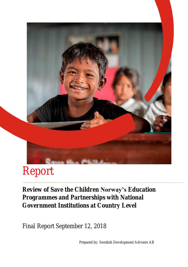 Forsiden av dokumentet Review of Save the Children Norway’s Education Programmes and Partnerships with National Government Institutions at Country Level