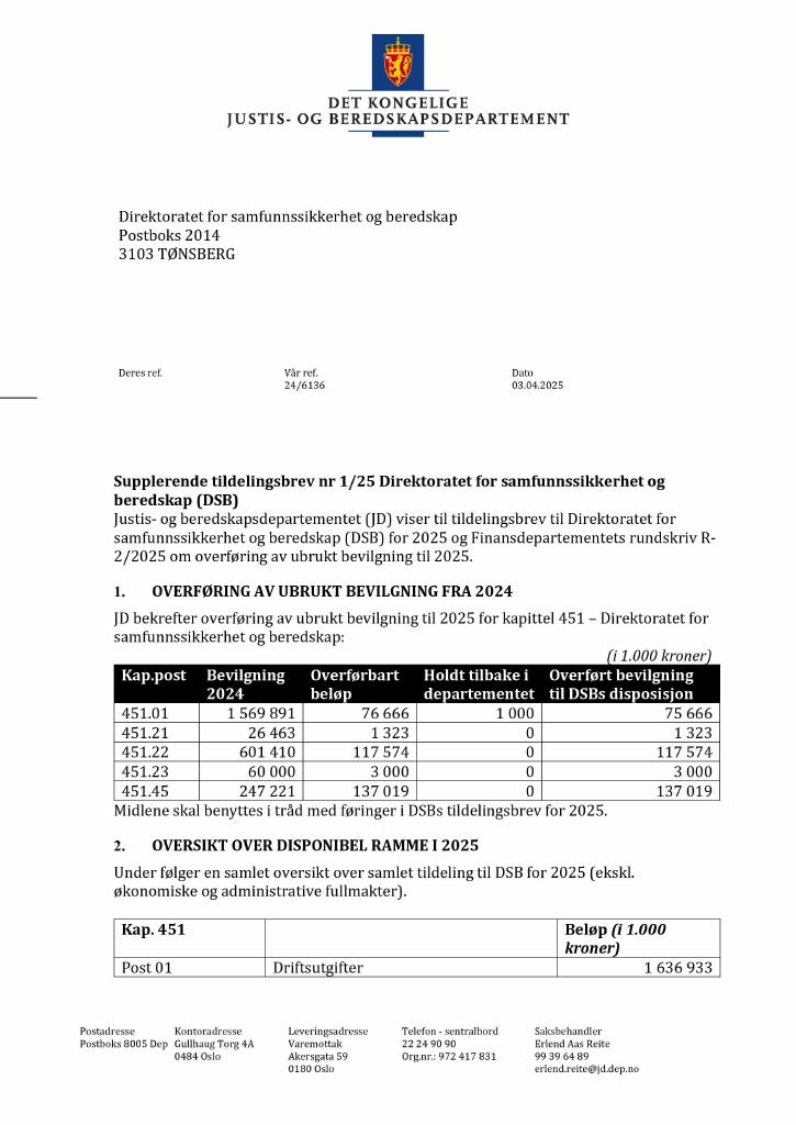 Forsiden av dokumentet Tildelingsbrev Direktoratet for samfunnssikkerhet og beredskap 2025 - tillegg nr. 1
