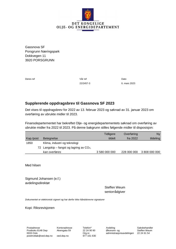 Forsiden av dokumentet Oppdragsbrev Gassnova SF 2023 - tillegg nr. 1