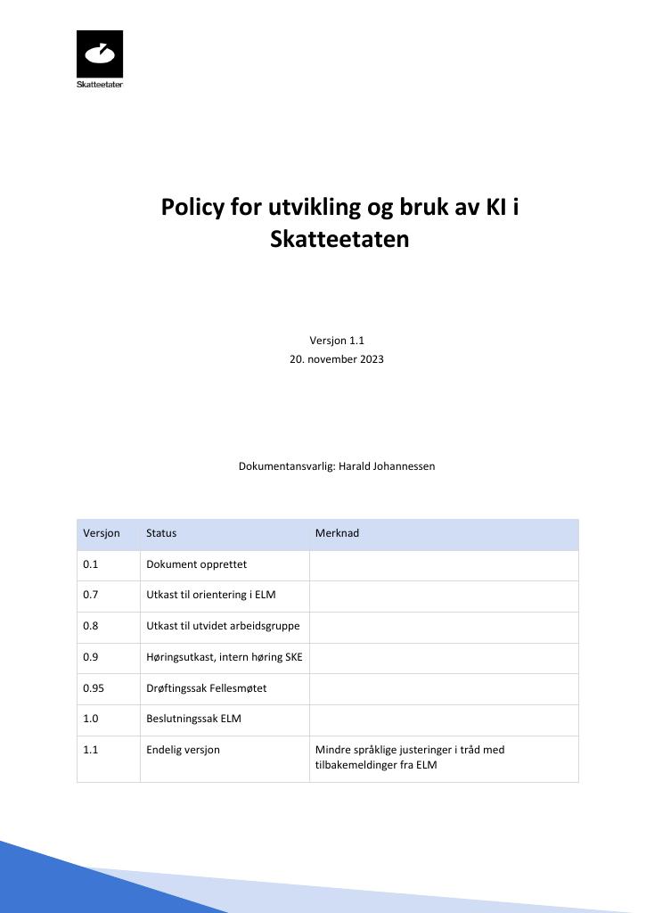 Forsiden av dokumentet Policy for utvikling og bruk av KI i Skatteetaten