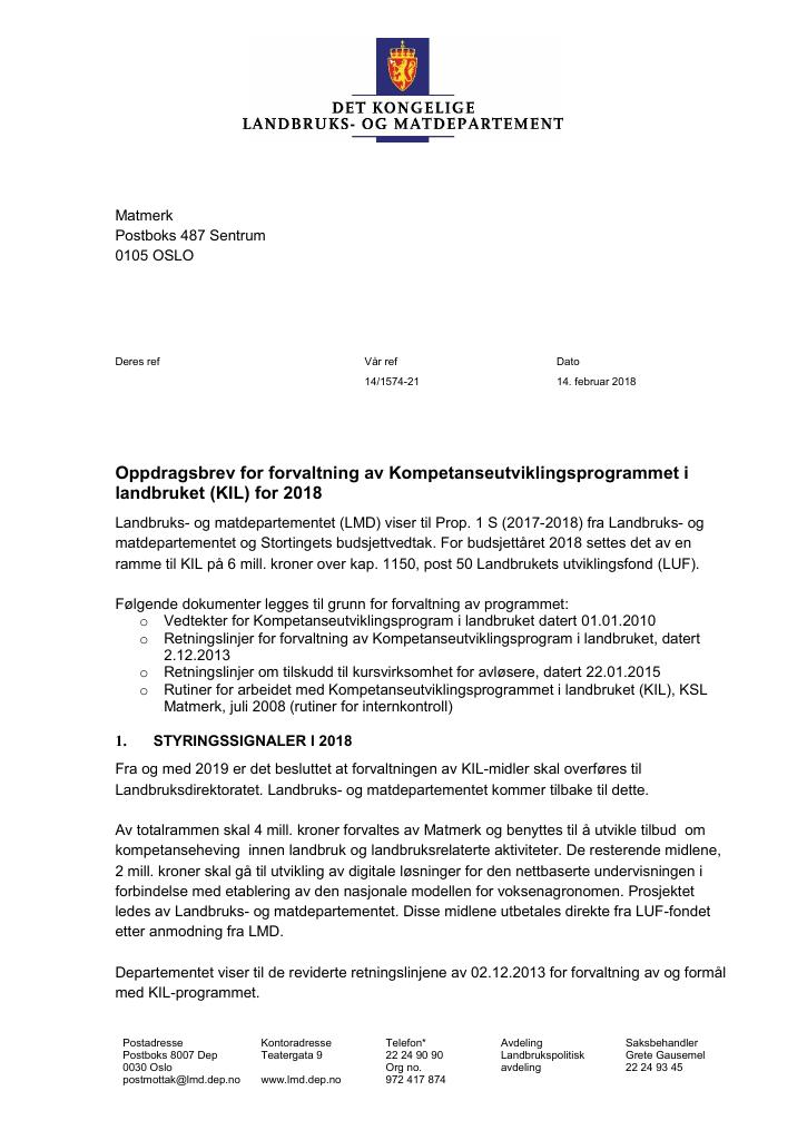Forsiden av dokumentet Tildelingsbrev Stiftelsen Norsk Mat 2018