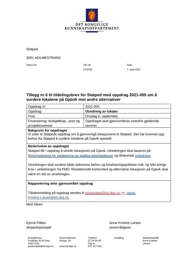 Forsiden av dokumentet Tildelingsbrev Statped 2021 - tillegg nr. 6