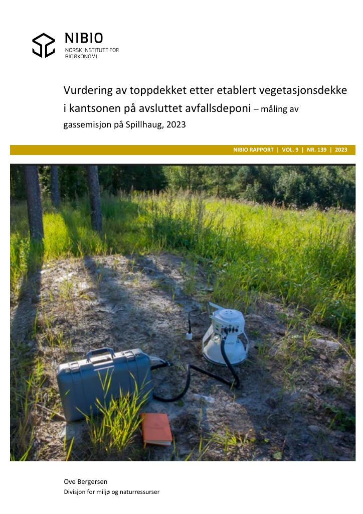 Forsiden av dokumentet Vurdering av toppdekket etter etablert vegetasjonsdekke i kantsonen på avsluttet avfallsdeponi – måling av gassemisjon Spillhaug, 2023