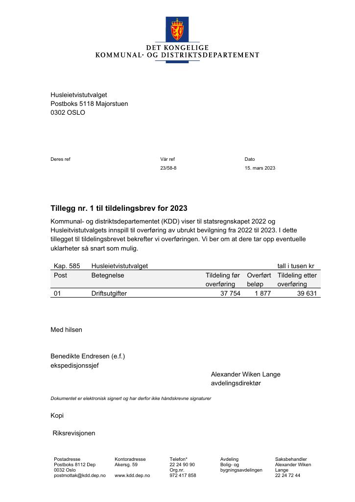 Forsiden av dokumentet Tildelingsbrev Husleietvistutvalget 2023 - tillegg nr. 1