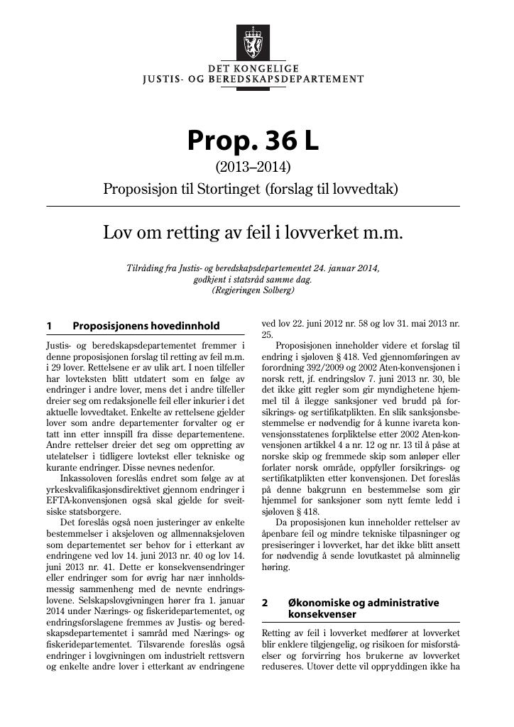 Forsiden av dokumentet Prop. 36 L (2013–2014)